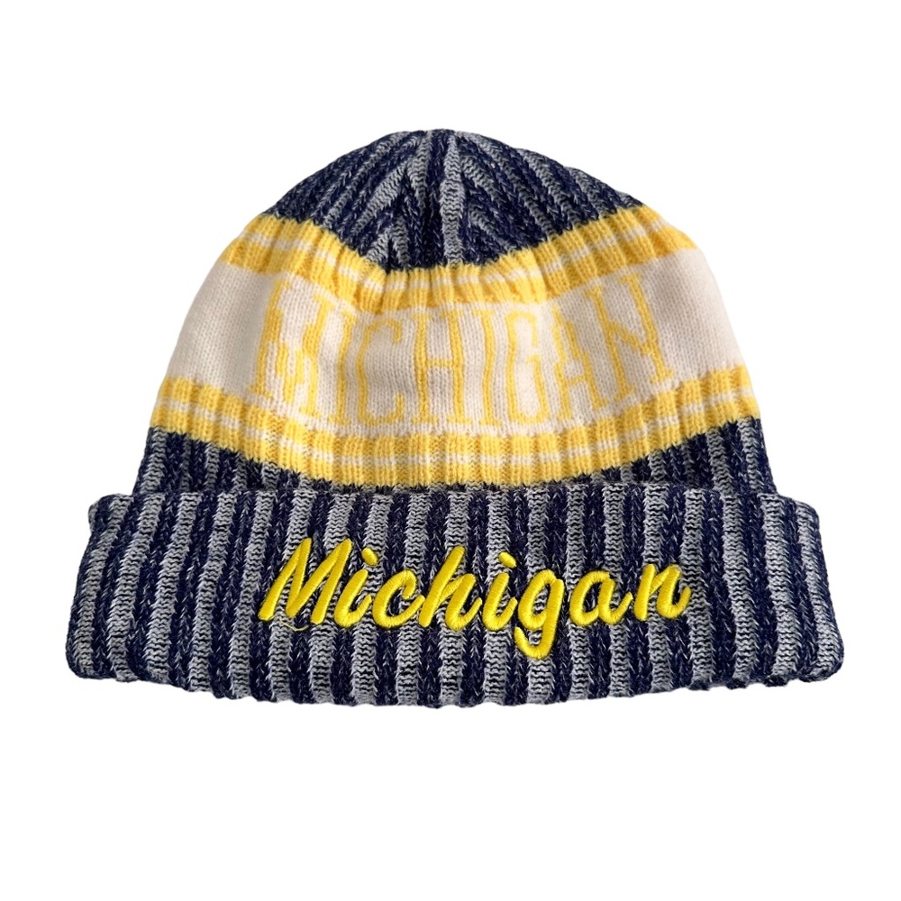 University of Michigan Knit Blue Yellow and White Beanie Hat Unisex One Size